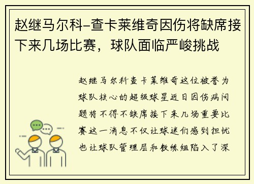 赵继马尔科-查卡莱维奇因伤将缺席接下来几场比赛，球队面临严峻挑战